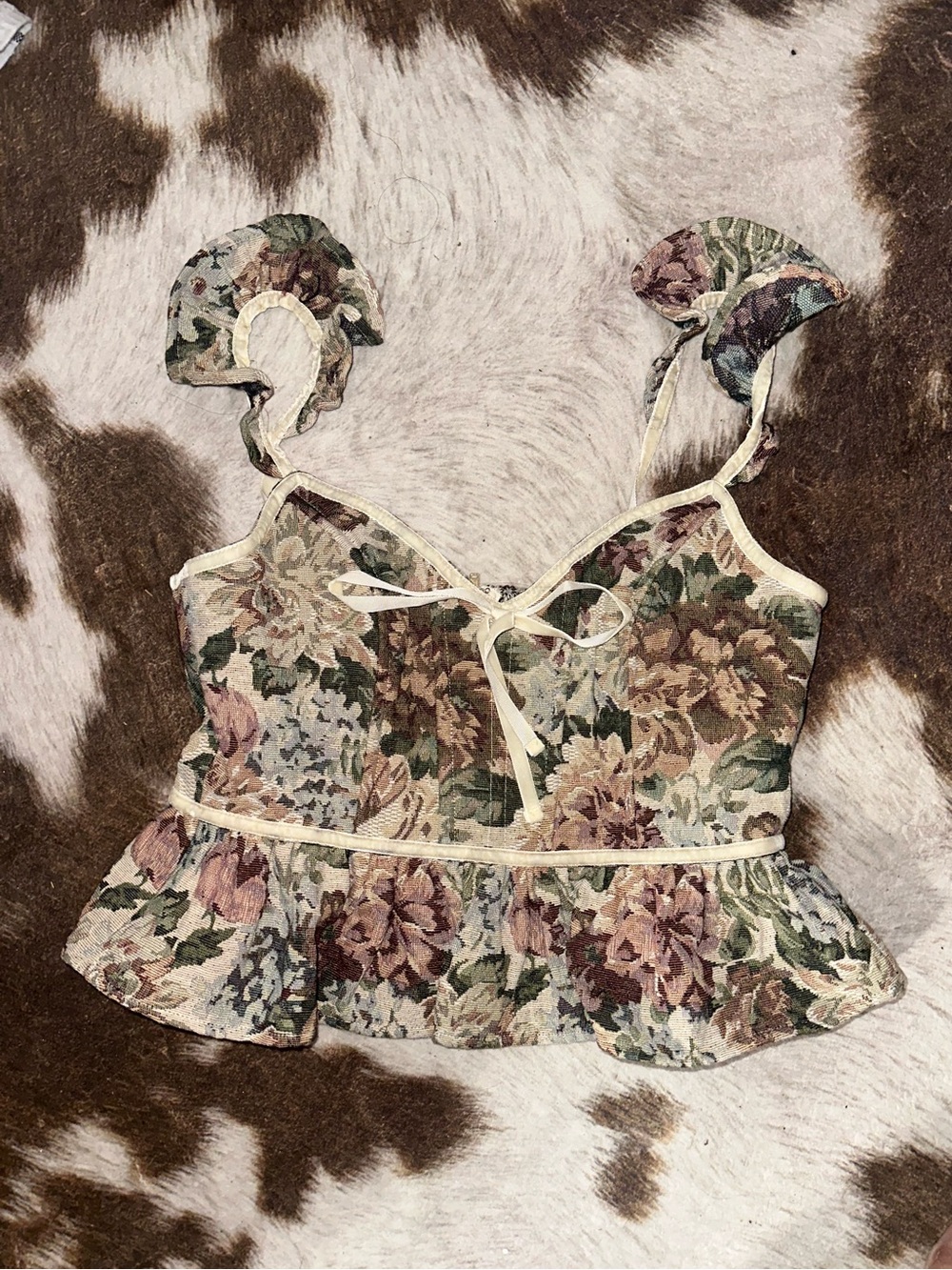 Altar'd State Floral Peplum Tie-Front Cami in Cream Green Pink